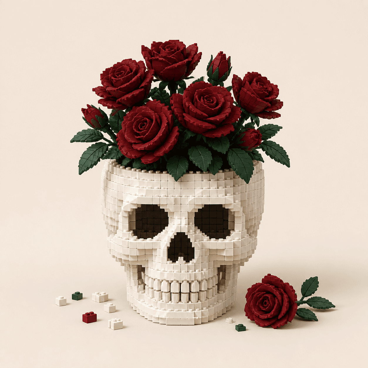 1,079-piece gothic skull and roses building set, a display-piece building kit