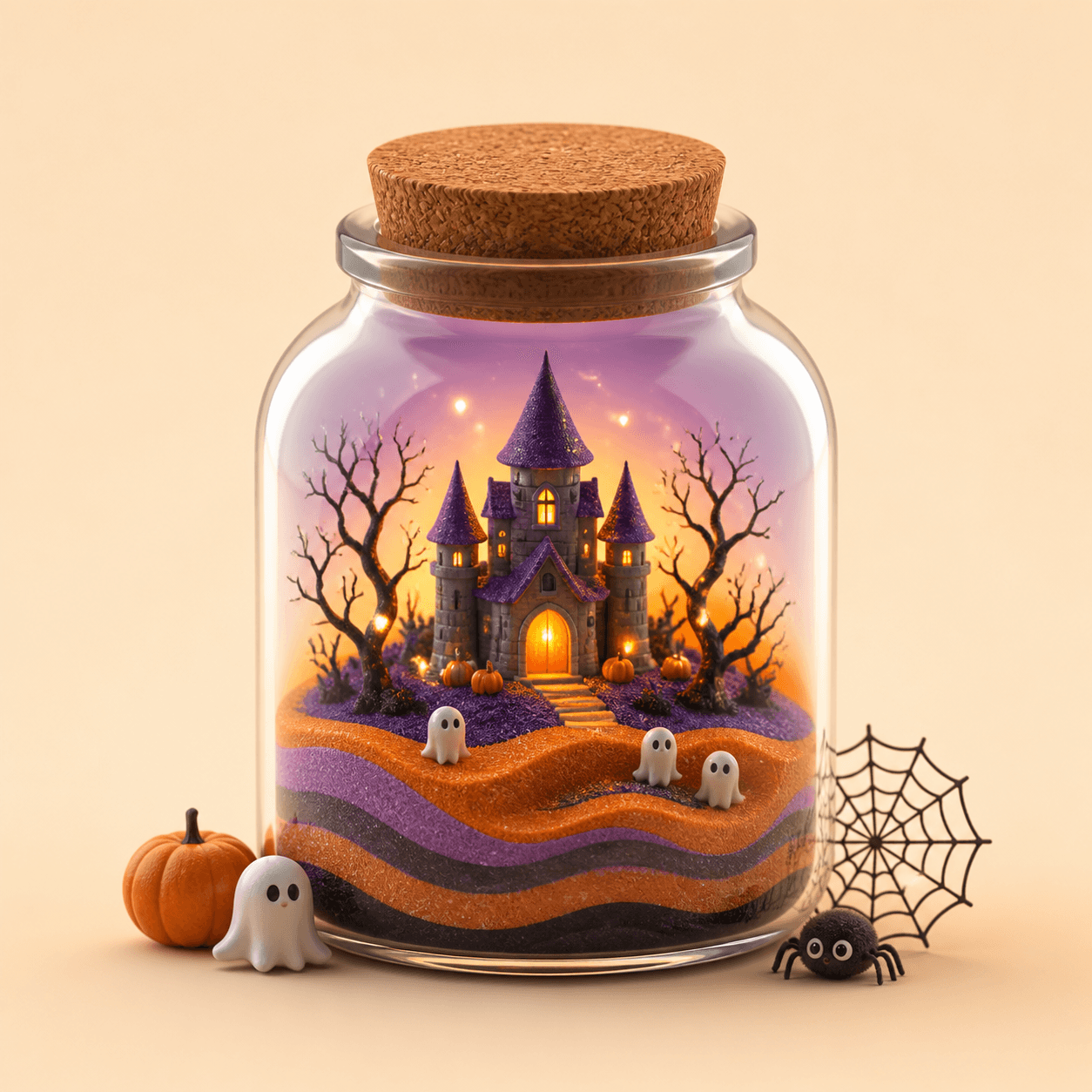 Halloween terrarium kit with jar, skeleton figures, castle and coloured LED lights