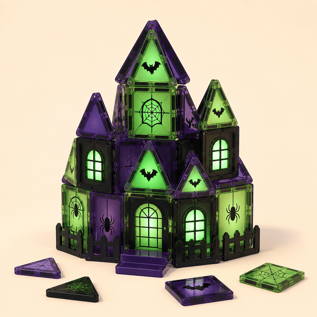 Glow-in-the-dark Halloween magnetic building tiles forming a haunted house